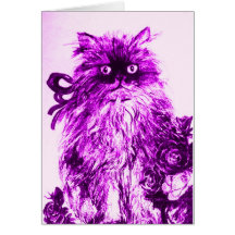 CHATON AVEC l'anniversaire POURPRE de ROSES Cartes De Vœux