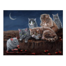 Chats et rat avec la carte postale de fraises