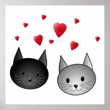 Chats noirs et gris mignons, avec des coeurs affiche