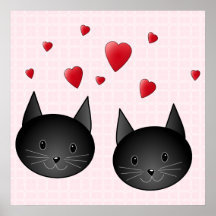 Chats noirs mignons avec des coeurs, sur pâle - ro poster