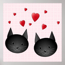 Chats noirs mignons avec des coeurs, sur pâle - ro poster