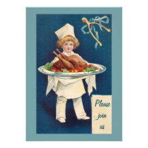 Chef avec la Turquie sur le plateau et le Wishbone Cartons D'invitation