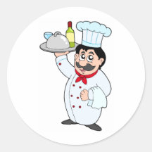 Chef de bande dessinée tenant le repas et le vin adhésifs