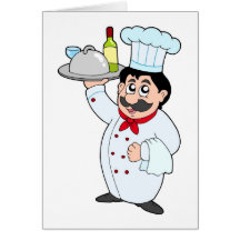 Chef de bande dessinée tenant le repas et le vin cartes