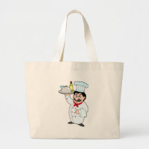 Chef de bande dessinée tenant le repas et le vin sacs en toile