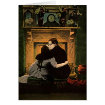 Cheminée romantique de couples vintages d'histoire cartes de vœux