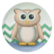 Chevron bleu et vert 10" de hibou mignon - plat assiettes pour soirée