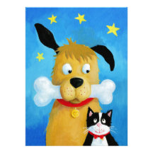 Chien avec l'os et le chat - carte de Noël drôle Cartons D'invitation Personnalisés