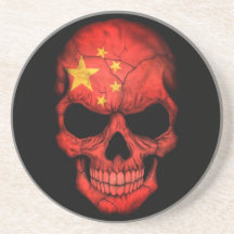 Chinese Flag Skull on Black Beverage Coasters