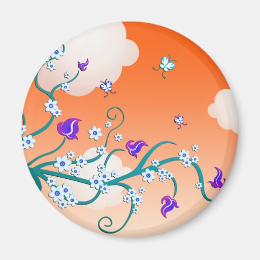 Ciel, fleurs de cerisier et papillons oranges aimant pour réfrigérateur