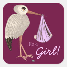 Cigogne classique (rose) (baby shower) autocollants carrés