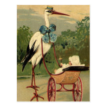 Cigogne victorienne vintage et voiture d'enfant carte postale