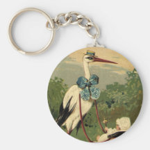 Cigogne victorienne vintage et voiture d'enfant porte-clef