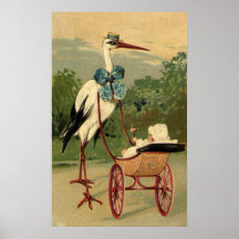 Cigogne victorienne vintage et voiture d'enfant poster