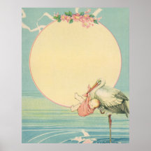 Cigogne vintage avec le bébé dans la couverture ro posters