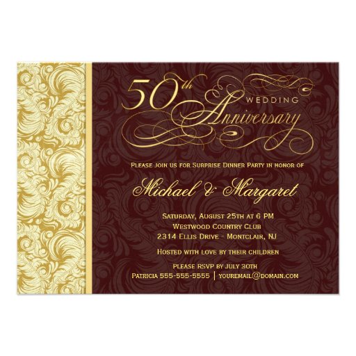 cinquantième Fête d'anniversaire - damassé d'or Invitation Personnalisée