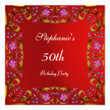 Cinquantième rouge de fleur de fête d'anniversaire faire-parts