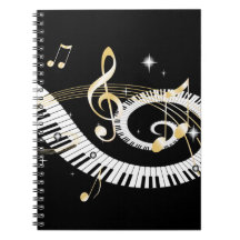 Clés de piano et notes d'or de musique carnet à spirale