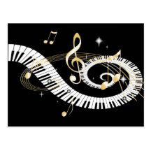Clés de piano et notes d'or de musique carte postale