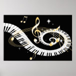 Clés de piano et notes d'or de musique poster