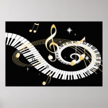 Clés de piano et notes d'or de musique poster