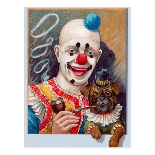 clown de cirque vintage avec son chien de carlin d carte postale