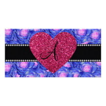 Coeur bleu de rose de roses de monogramme cartes avec photo