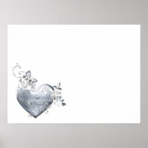 Coeur en filigrane argenté et roses blancs posters