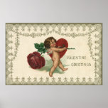 Coeur rose de Valentine de cupidon victorien vinta Affiches