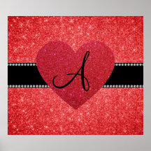Coeur rouge de rouge de scintillement de monogramm affiches