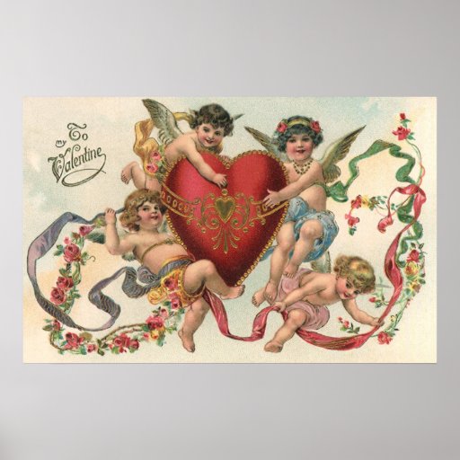 Coeur victorien vintage d'anges de cupidons de Val Posters