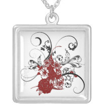 Collier grunge floral rouge d'argent sterling de K colliers