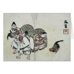 Combat de coqs par Taki, Katei Ukiyoe Carte De Vœux