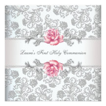 Communion de filles de rose de rose de damassé pre faire-parts