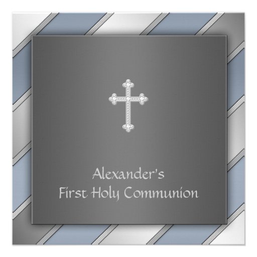 Communion de garçons de rayure bleue première invitations personnalisées