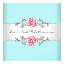 Communion de Teal de filles turquoises de rose de  Invitations Personnalisables