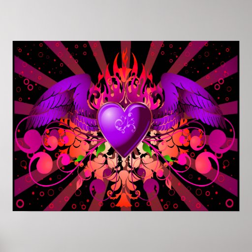 Conception de coeur à ailes par grunge pourpre affiche