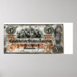 Confédéré 1861 note des cinq dollars poster