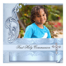 Confirmation bleue de photo de première sainte com cartons d'invitation personnalisés
