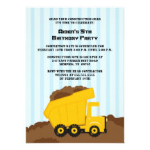 Construction dump truck boys birthday party invite