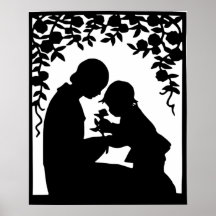 Copie vintage de silhouette de mère et d'enfant poster
