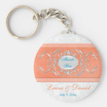 Corail, Aqua, et faveur grise de mariage damassé Porte-clé