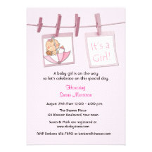 Corde à  linge, rose, douche de bébé invitations