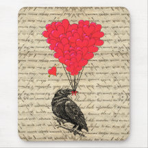 Corneille vintage et ballons en forme de coeur tapis de souris