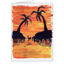 Coucher du soleil de flamant cartes de vœux
