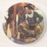 Cowboy arrosant son cheval par OR Wyeth, art vinta Dessous De Verre