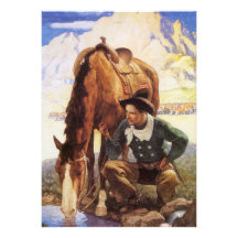 Cowboy arrosant son cheval par OR Wyeth, art vinta Faire-parts
