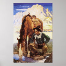 Cowboy arrosant son cheval par OR Wyeth, art vinta Affiches
