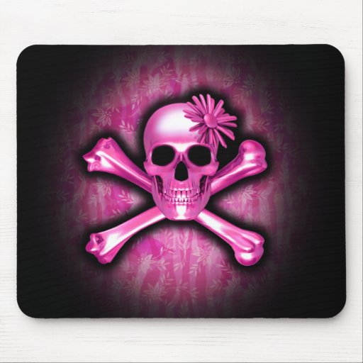 Crâne de chrome et tapis de souris roses d'os croi