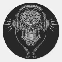 Crâne de sucre du DJ - noir Autocollants Ronds